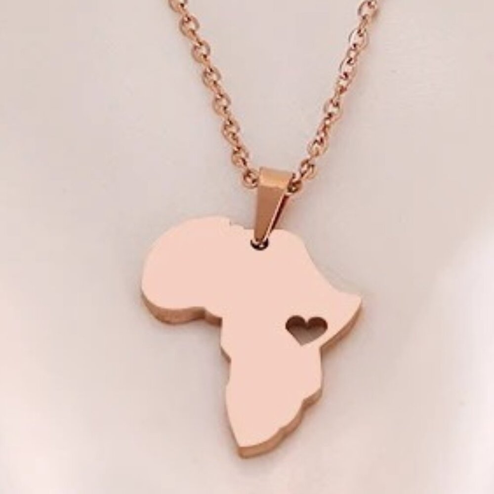 Rose Gold Africa Map Necklace Heart Jewelry, Women Men Gift, Stainless Steel
